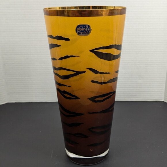 Vintage BOHEMIA Crystal Czech Republic Amber Black Tiger Stripe Vase - Picture 1 of 8